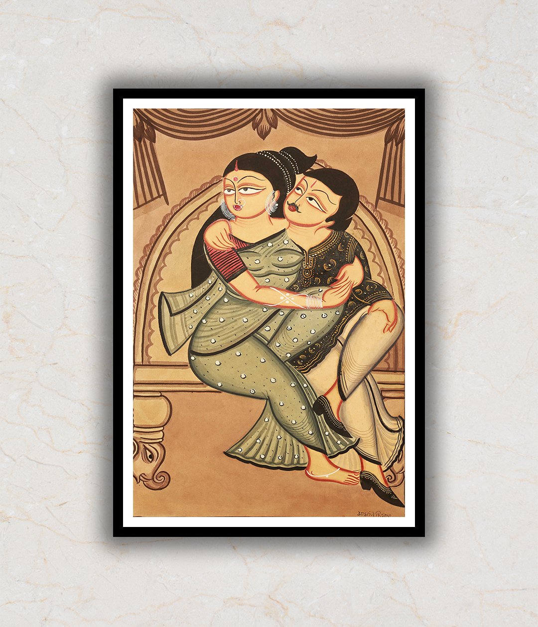 "A Doting Couple Kalighat Art Painting For Home Wall Art Decor"