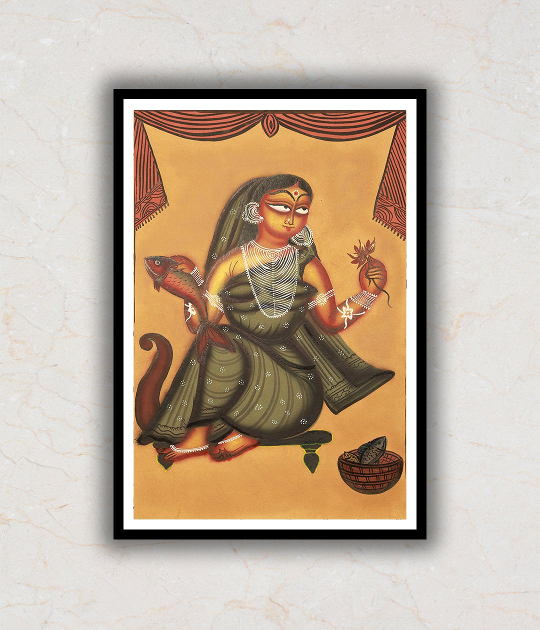"Woman wielding Fish Kalighat Art Painting For Home Wall Art Decor"