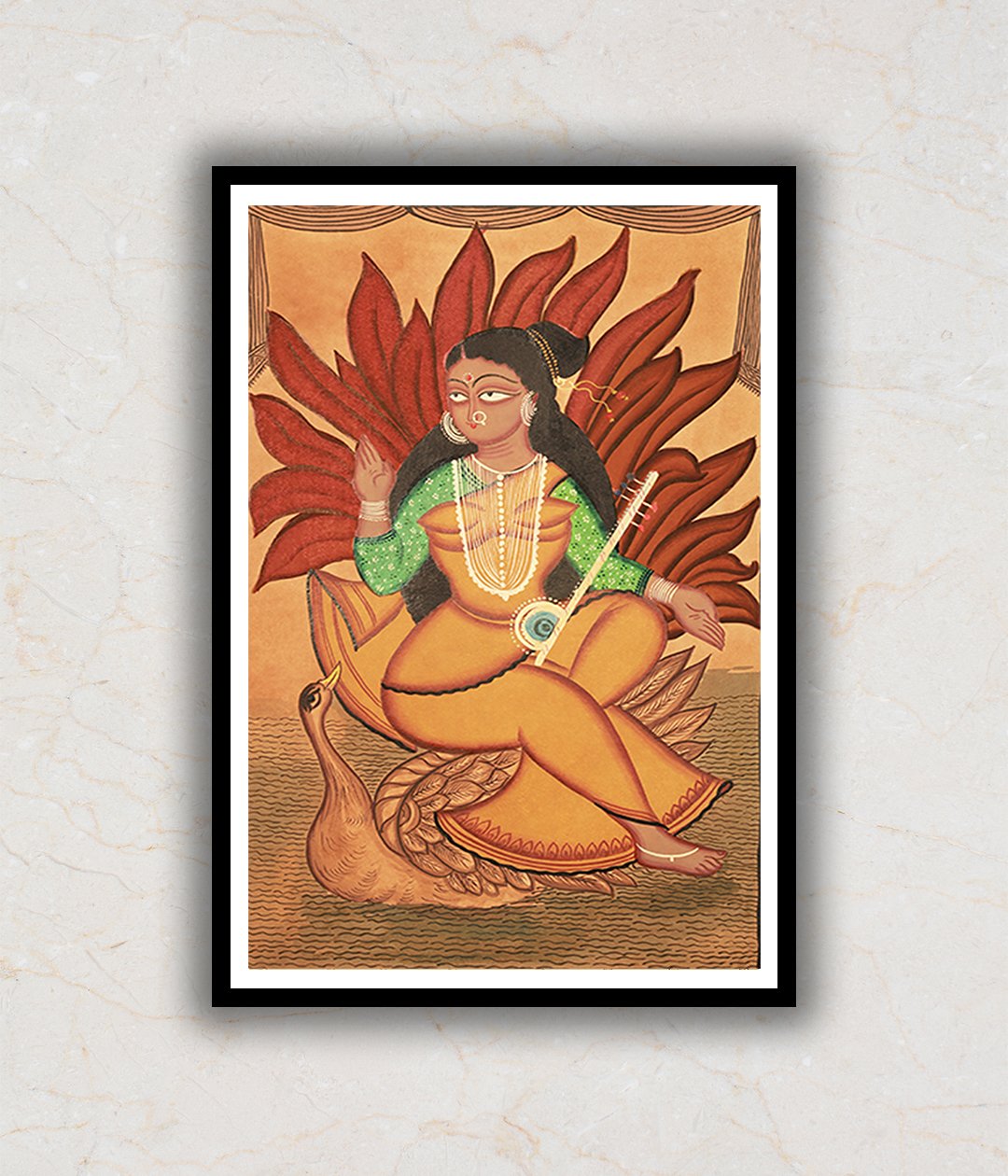 "Goddess Saraswati Kalighat Art Painting For Home Wall Art Decor"
