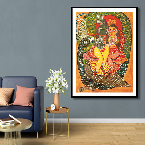 "Radha & Krishna on Peacock Kalighat Painting"