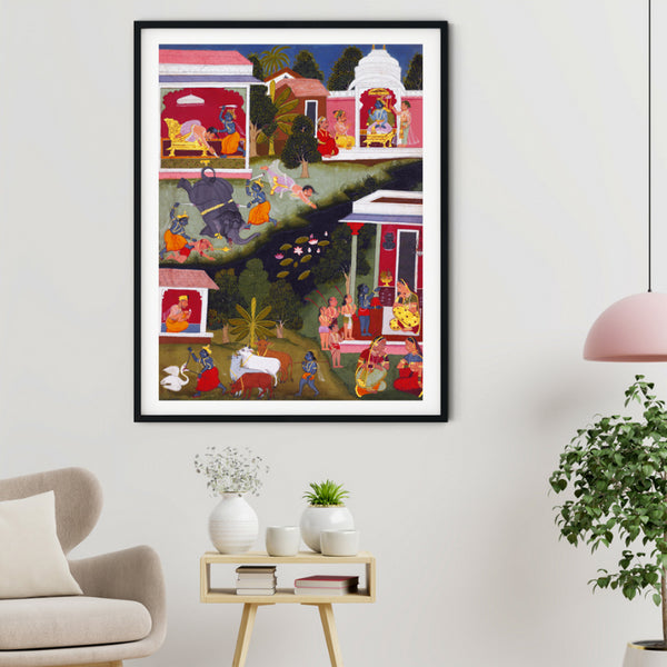 "Krishna Vanquishing Demons Rajasthani Art Painting For Home Wall Art Decor"
