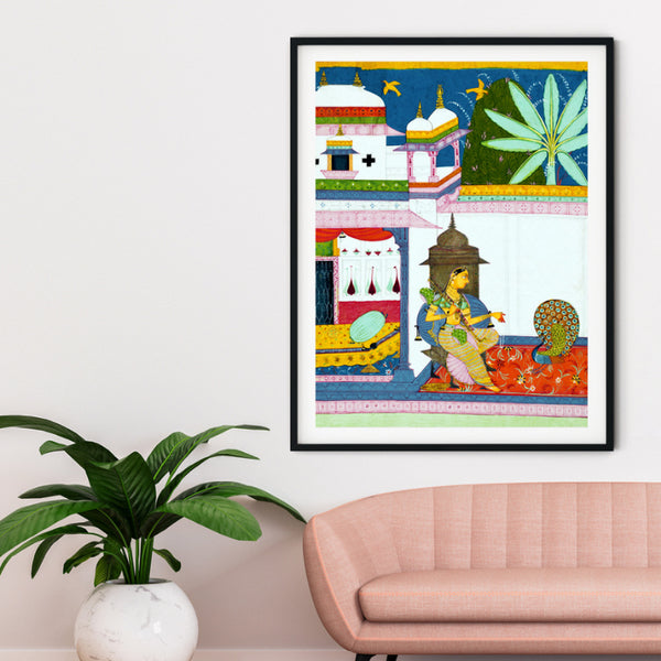 "Woman with a Peacock Rajasthani Art Painting For Home Wall Art Decor"