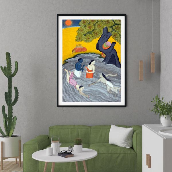 "A Swim in The Yamuna Rajasthani Art Painting For Home Wall Art Decor"
