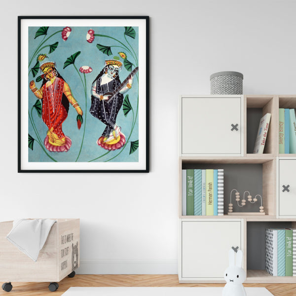 "Lakshmi and Saraswati Kalighat Painting 1"