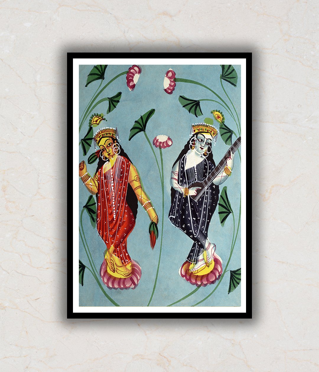 "Lakshmi and Saraswati Kalighat Art Painting For Home Wall Art Decor"