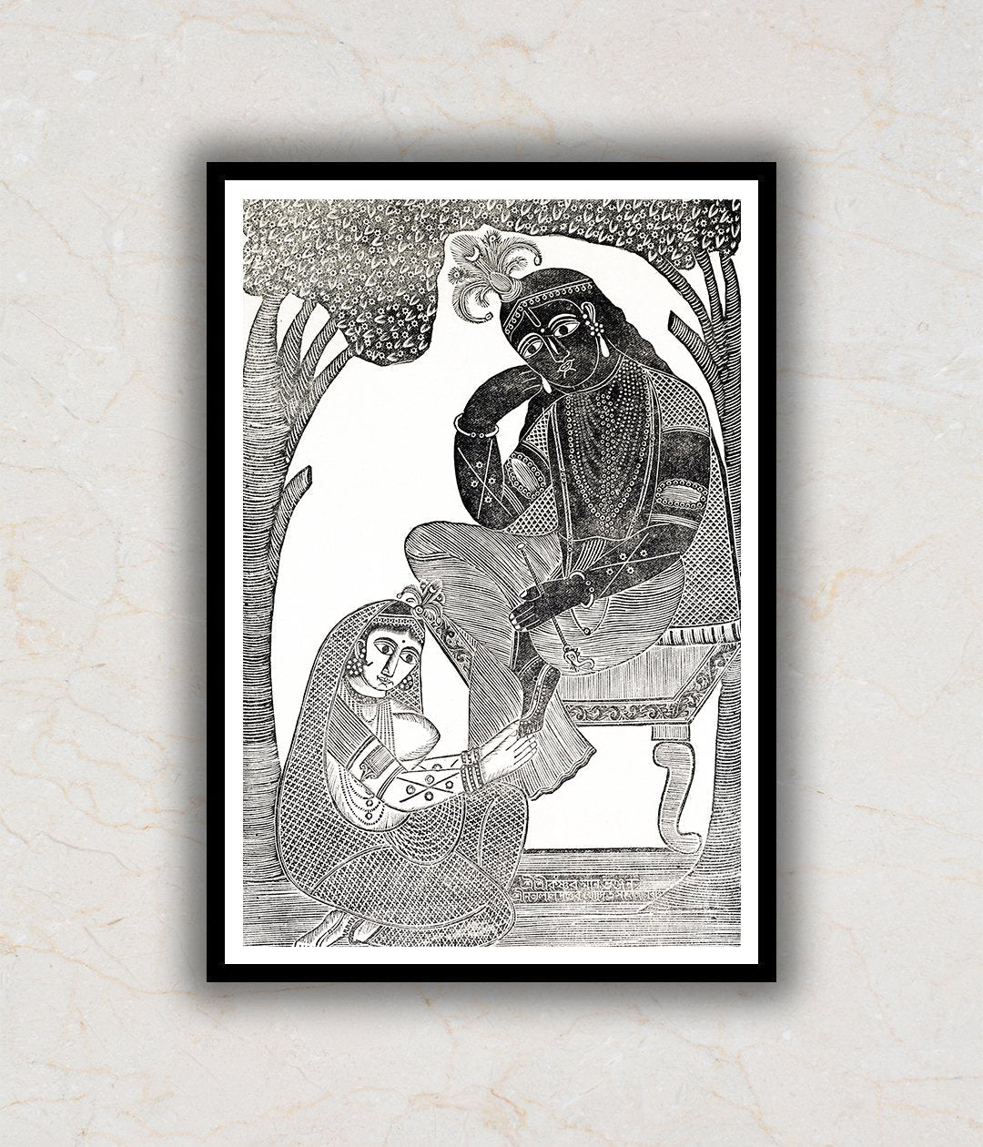 "Radha Stroking Krishna's Feet Kalighat Art Painting For Home Wall Art Decor"