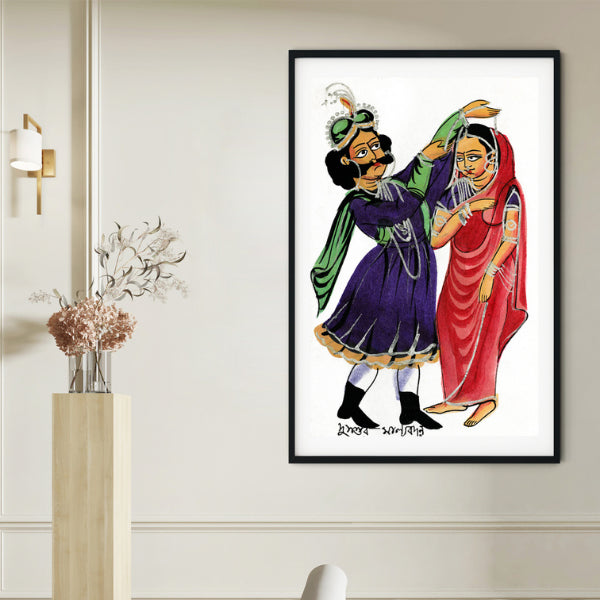"Dusmanta Garlanding Shakumtala Kalighat Painting 1"