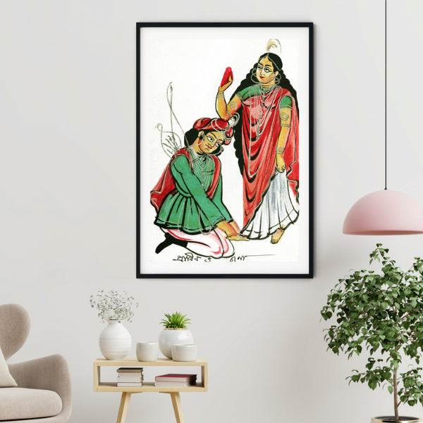 "Pravira Kneeling at the Feet of Jana Kalighat Painting 1"