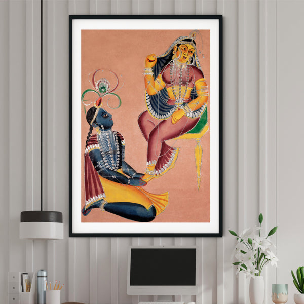 "Krishna Stroking Radha's Feet Kalighat Painting"