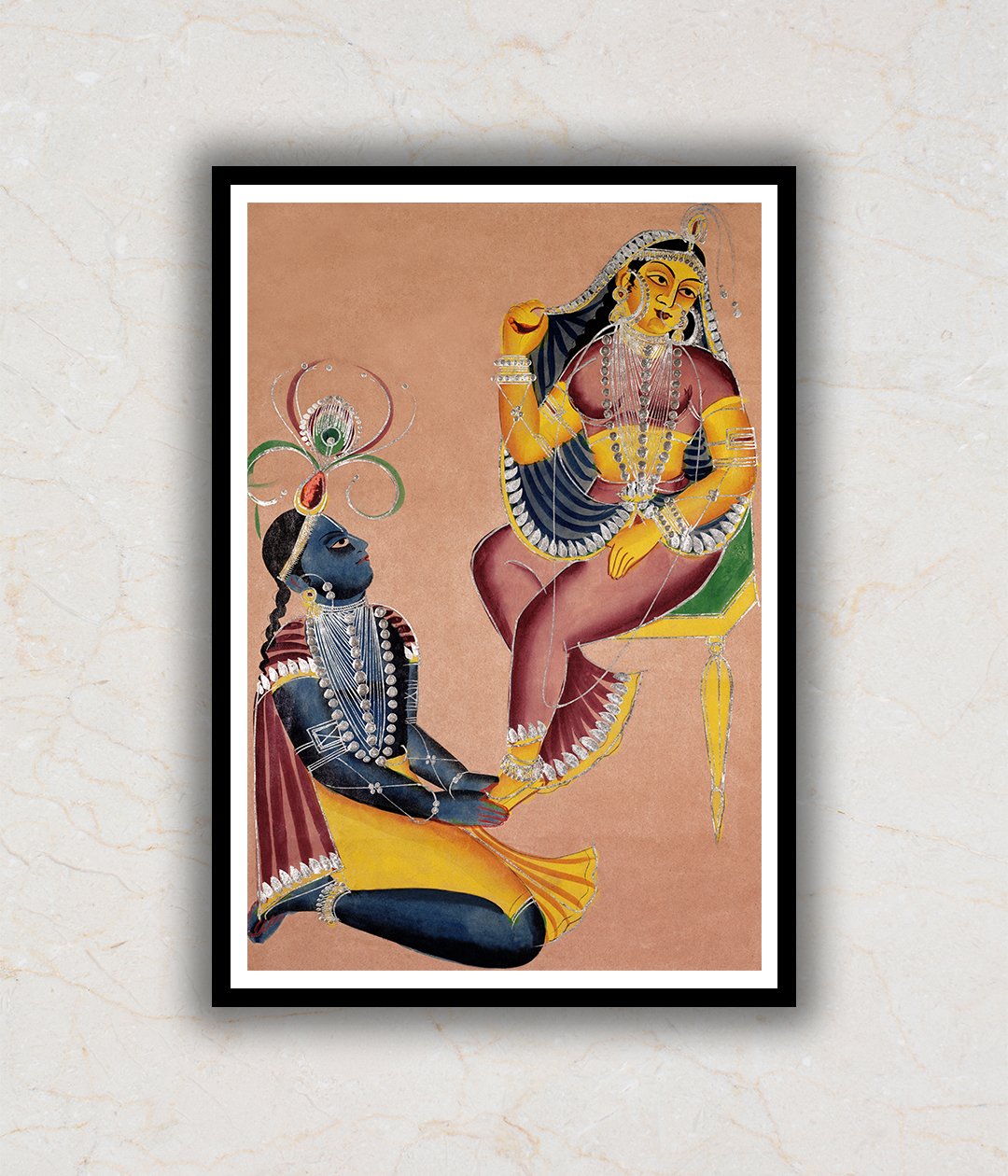"Krishna Stroking Radha's Feet Kalighat Art Painting For Home Wall Art Decor"