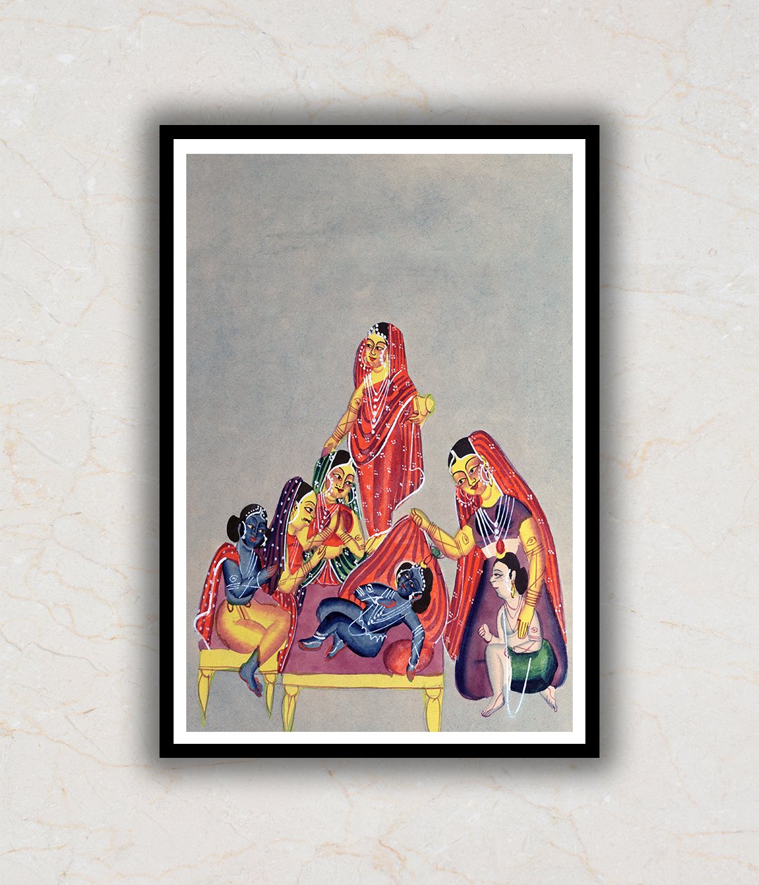 "Worship of the Infant Krishna Kalighat Art Painting For Home Wall Art Decor"