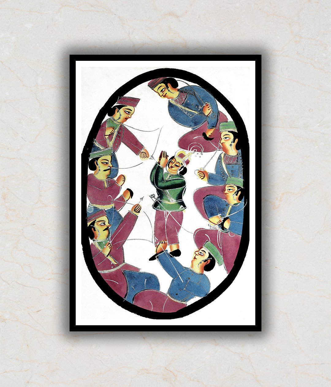 "Seven Heroes or Warriors Killing Abhimanya, Son of Arjuna Kalighat Art Painting For Home Wall Art Decor"
