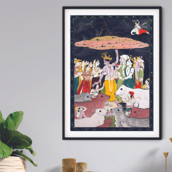"Framed Lord Krishna Govardhan Pahari Art Painting For Home Wall Art Decor"