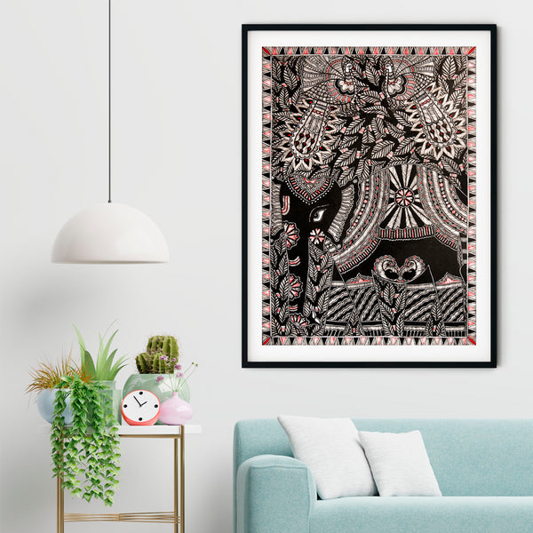 "Peacocks & Elephant Madhubani Painting 1"