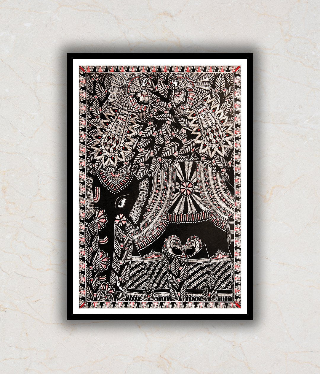 "Peacocks & Elephant Madhubani Art Painting For Home Wall Art Decor"