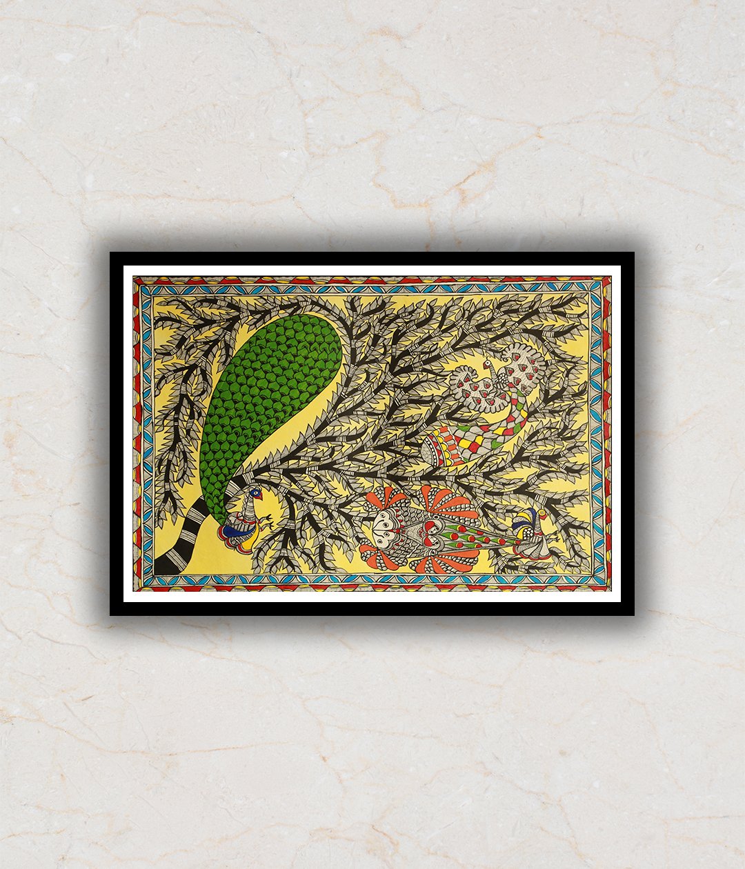 "Peacock and Fish Madhubani Art Painting For Home Wall Art Decor"