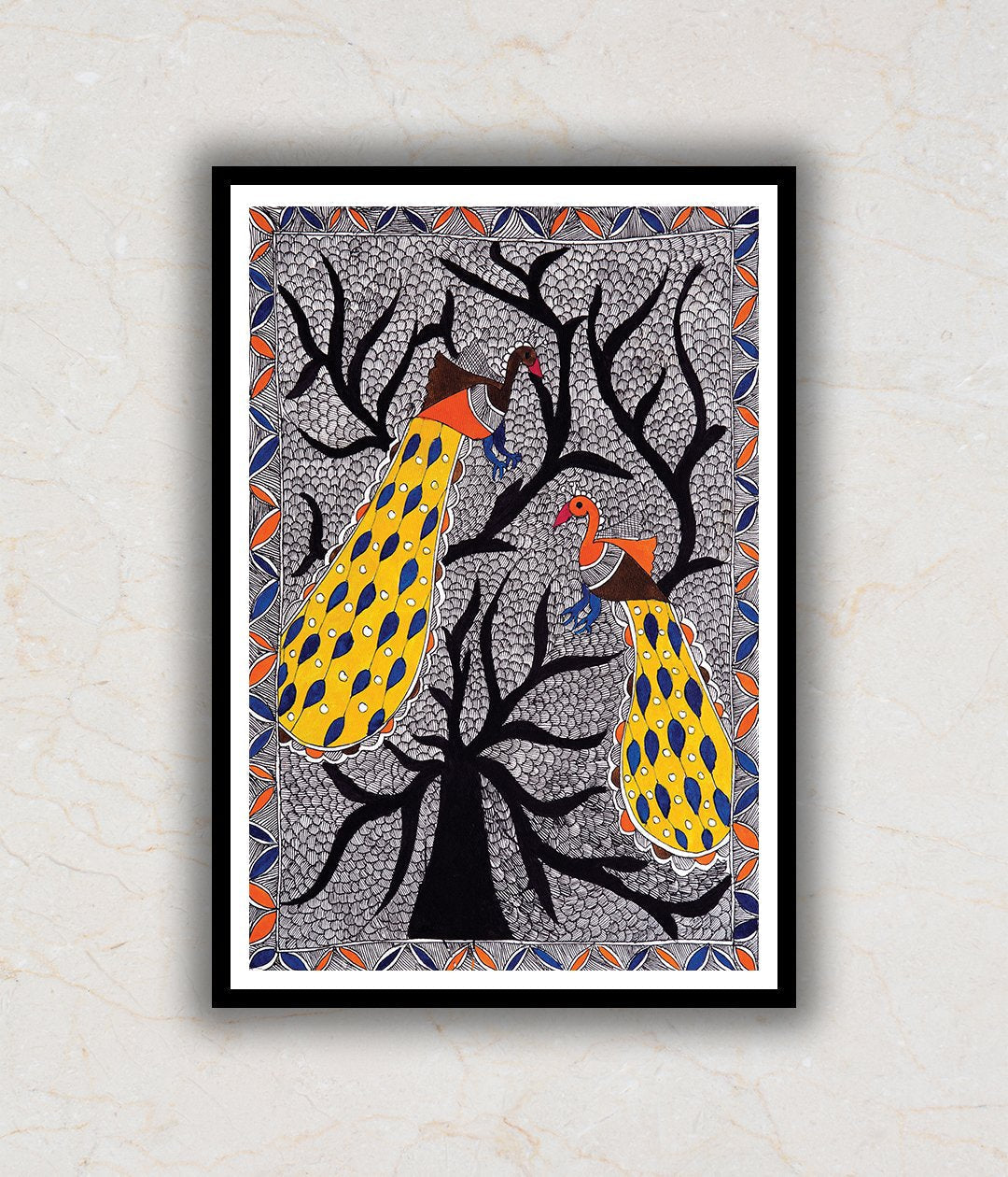 "Peacocks on Tree Madhubani Art Painting For Home Wall Art Decor"