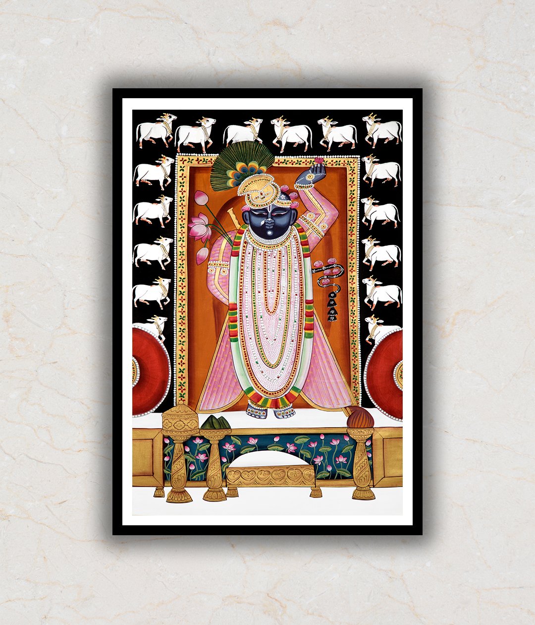 "Shrinath Ji (Shri Krishna) Durbar Darshan with Cows Pichwai Art Painting For Home Wall Art Decor 2"
