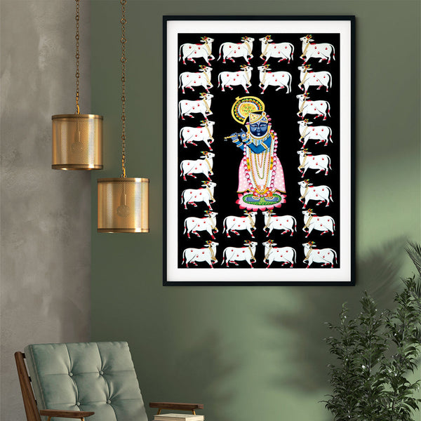 "Shrinath Ji (Shri Krishna) with Cows Pichwai Art Painting For Home Wall Art Decor 1"