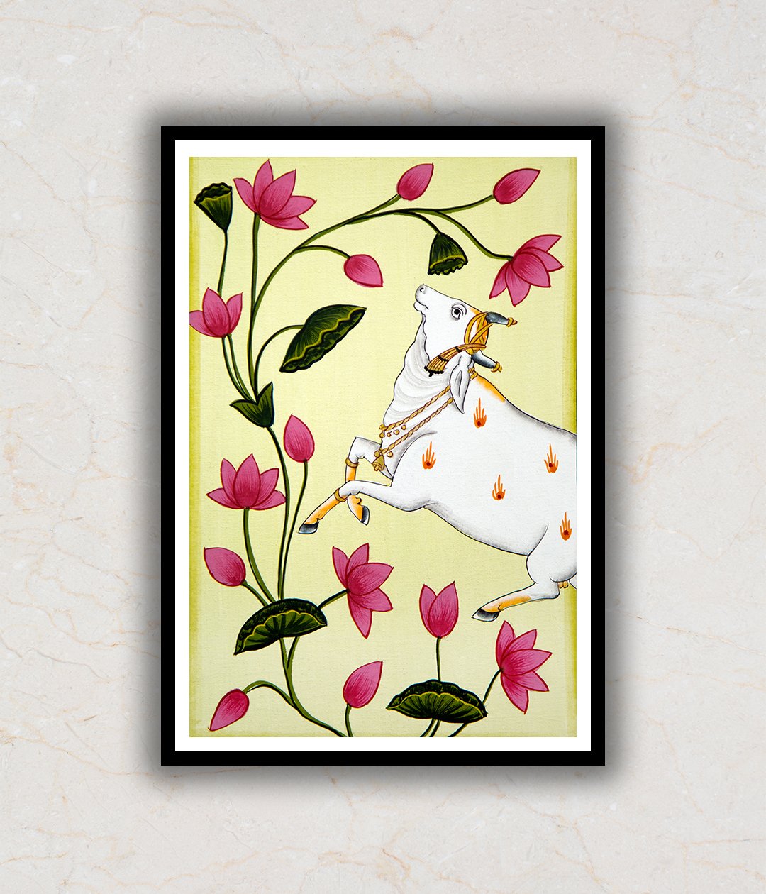 "Cow With Lotus Pichwai Art Painting For Home Wall Art Decor"