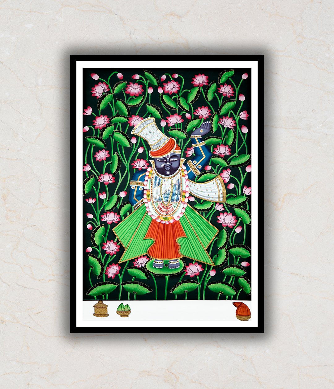 "Shrinath Ji (Shri Krishna) in Lotus Pond Pichwai Art Painting For Home Wall Art Decor 2"