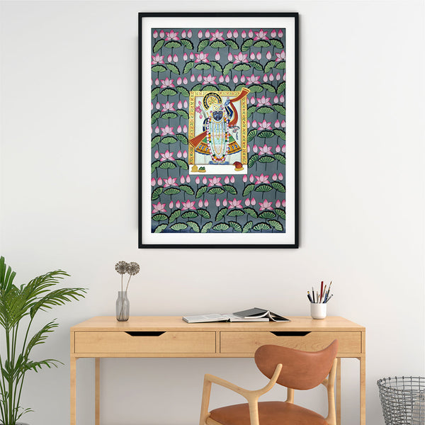 "Shrinath Ji (Shri Krishna) in Lotus Pond Pichwai Painting- 15"