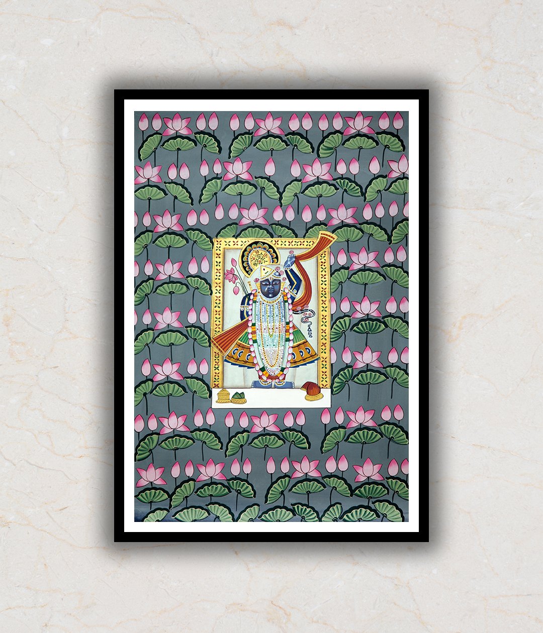 "Shrinath Ji (Shri Krishna) in Lotus Pond Pichwai Art Painting For Home Wall Art Decor 1"
