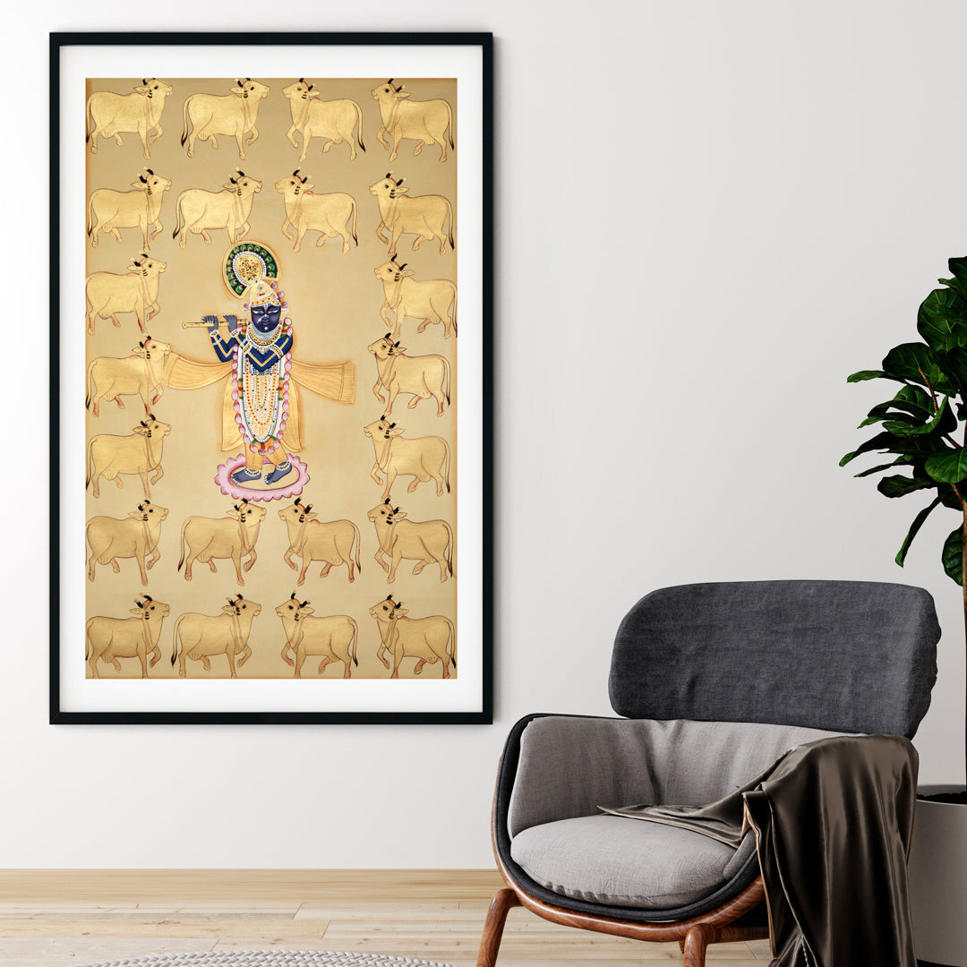 "Shrinath Ji (Shri Krishna) with Cows Gold Pichwai Painting 1"