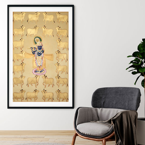 "Shrinath Ji (Shri Krishna) with Cows Gold Pichwai Painting 1"
