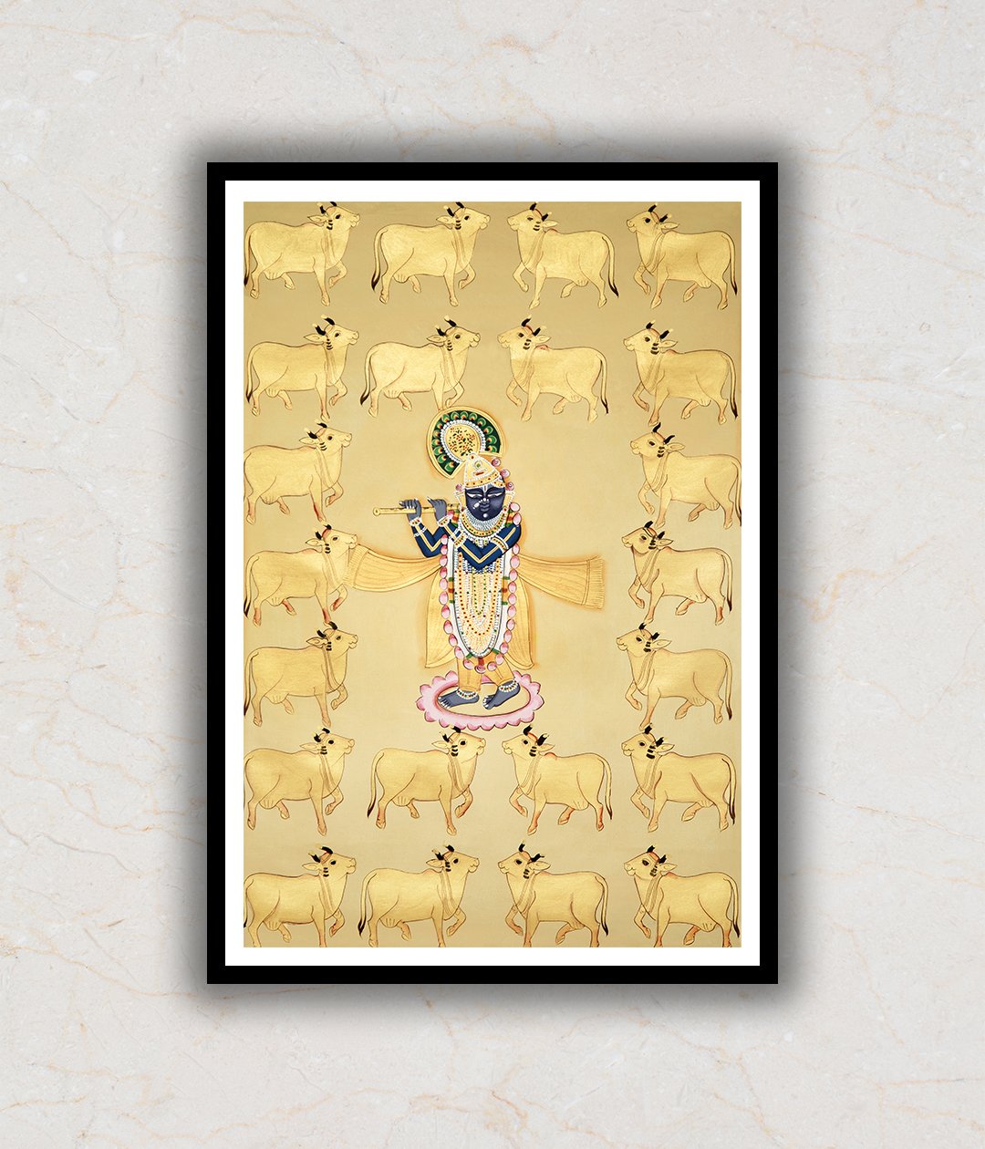 "Shrinath Ji (Shri Krishna) with Cows Gold Pichwai Art Painting For Home Wall Art Decor"