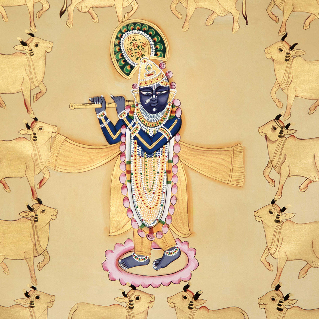 "Shrinath Ji (Shri Krishna) with Cows Gold Pichwai Painting 3"