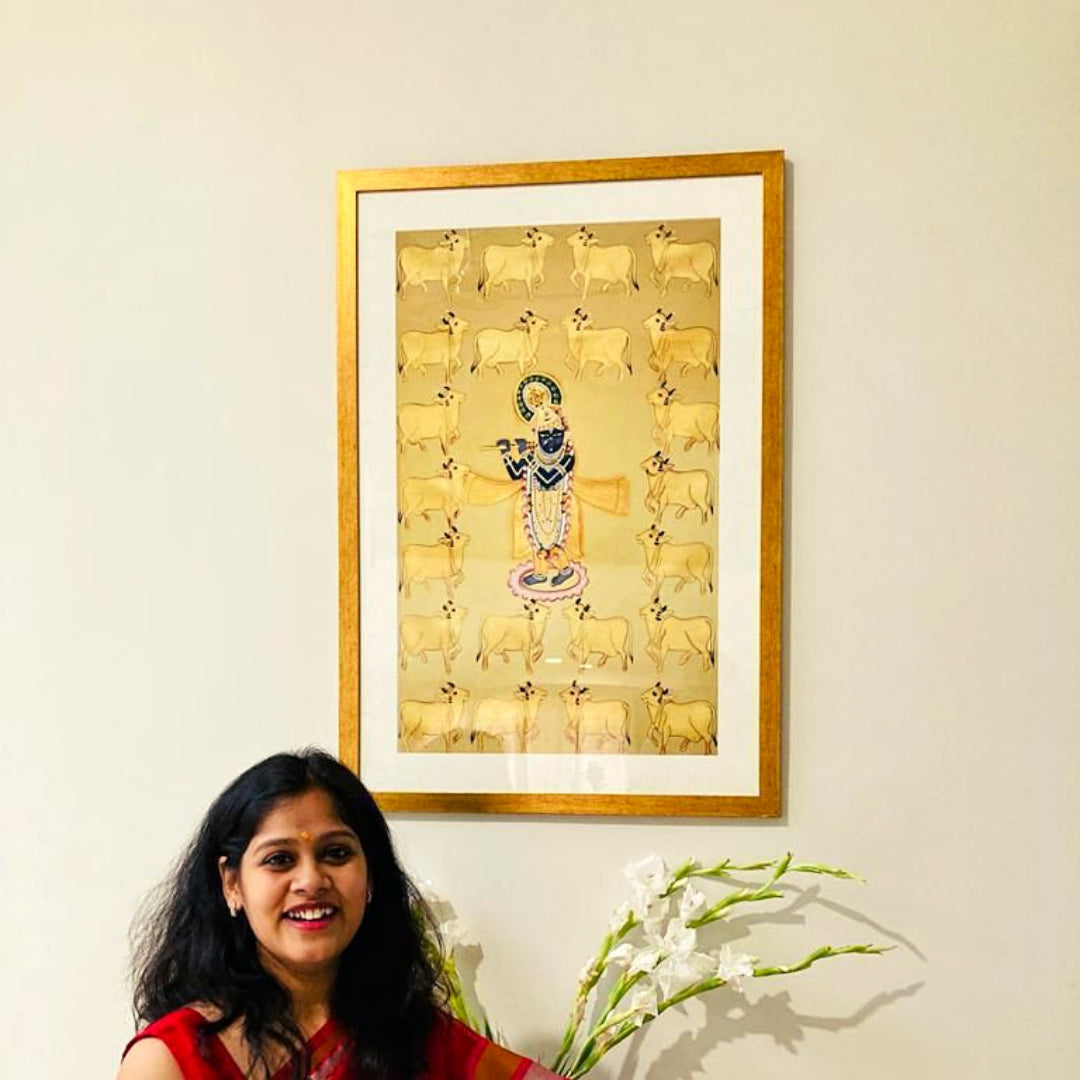 "Shrinath Ji (Shri Krishna) with Cows Gold Pichwai Painting 4"