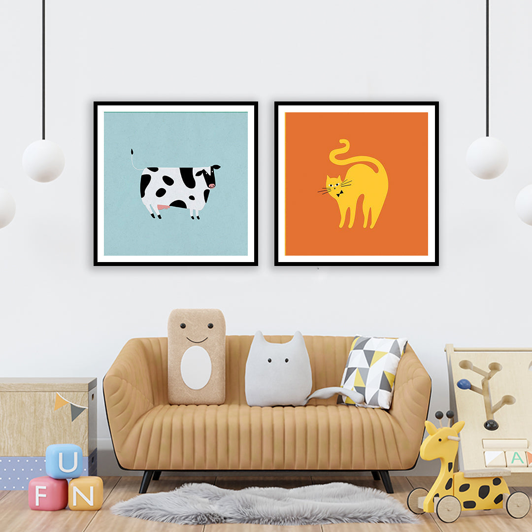 "Set of 2 Moo & Meow illustration Art painting For Home wall Decor"