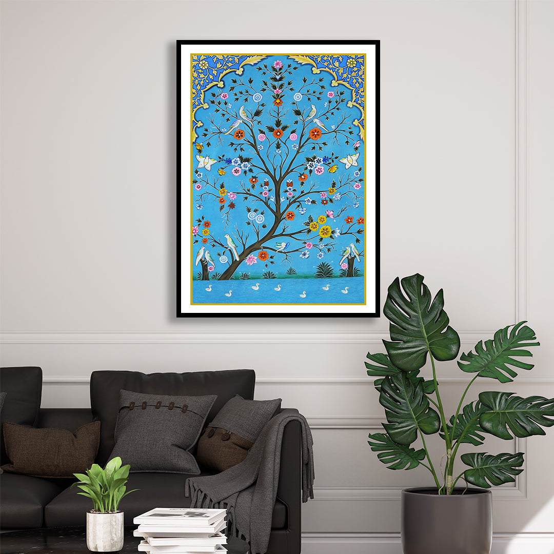"Oasis of Blue Kalamkari Artwork Painting For Home Wall Decor"