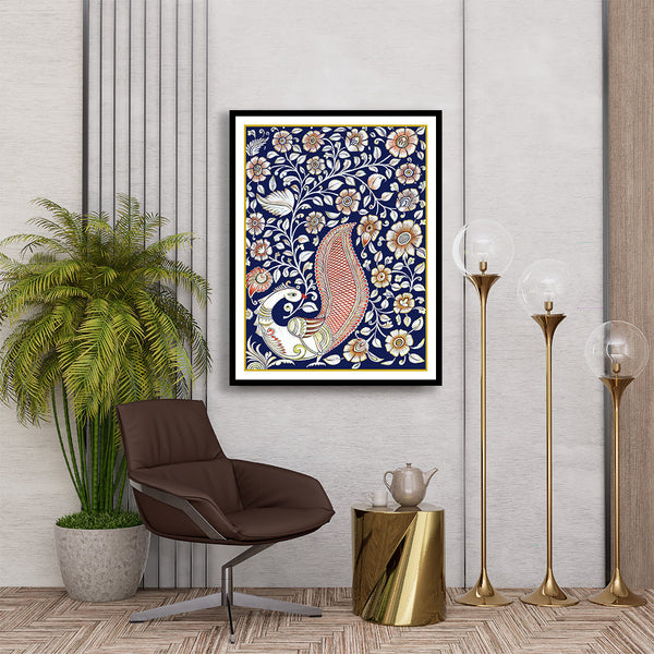 "Royal Blue Peacock Kalamkari Artwork Painting For Home Wall Decor"