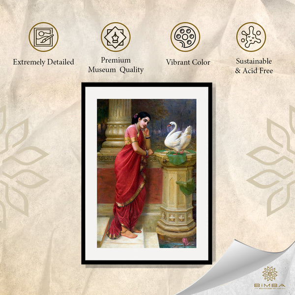 "Raja Ravi Varma Artwork Painting - Ravi Varma-Princess Damayanthi talking with Royal Swan about Nala"
