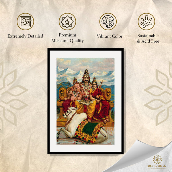 "Raja Ravi Varma Artwork Painting - Shiva, Parvati and Ganesha enthroned on Mount Kailas with Nandi the bull"