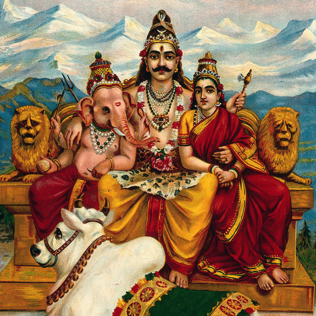 Raja Ravi Varma Artwork Painting - Shiva, Parvati and Ganesha enthrone ...