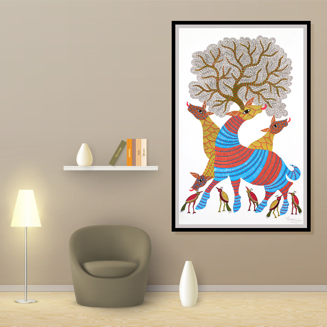 "Camouflage Deer Gond Artwork Painting For Home Wall Decor"