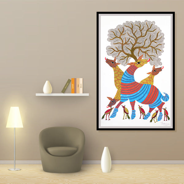 "Camouflage Deer Gond Artwork Painting For Home Wall Decor"