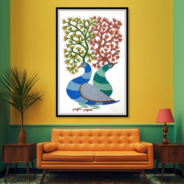"The Vivid Beaks Gond Artwork Painting For Home Wall Decor"