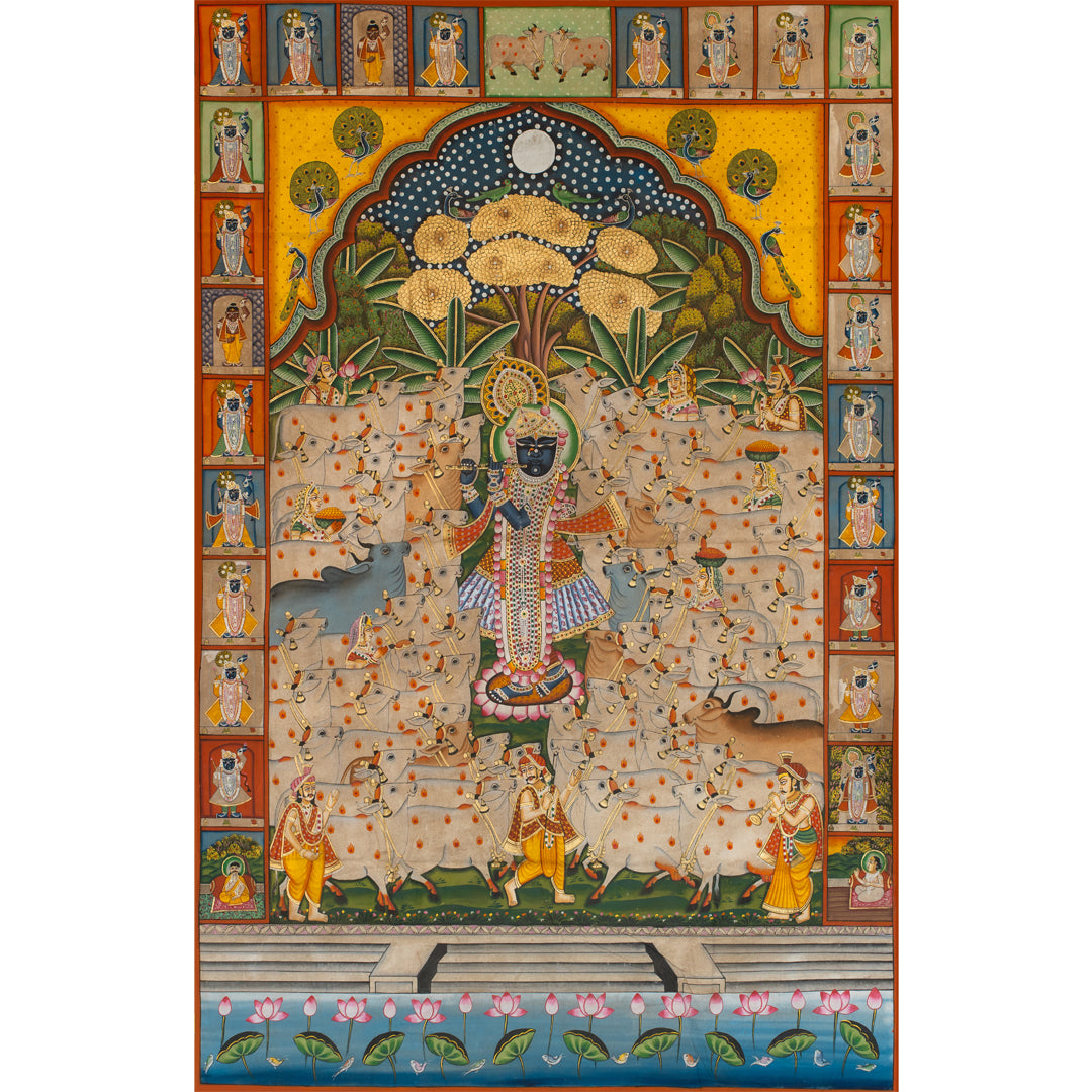 Gopashtami with 24 Swaroop Shree Gokul Chandrama Ji Handmade Pichwai Painting For Home Wall Decor