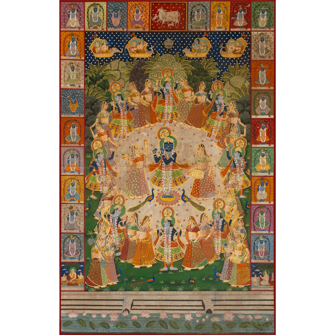 Krishna Raas Leela with 24 Swaroop Shreenathji Handmade Pichwai Painting For Home Wall Decor