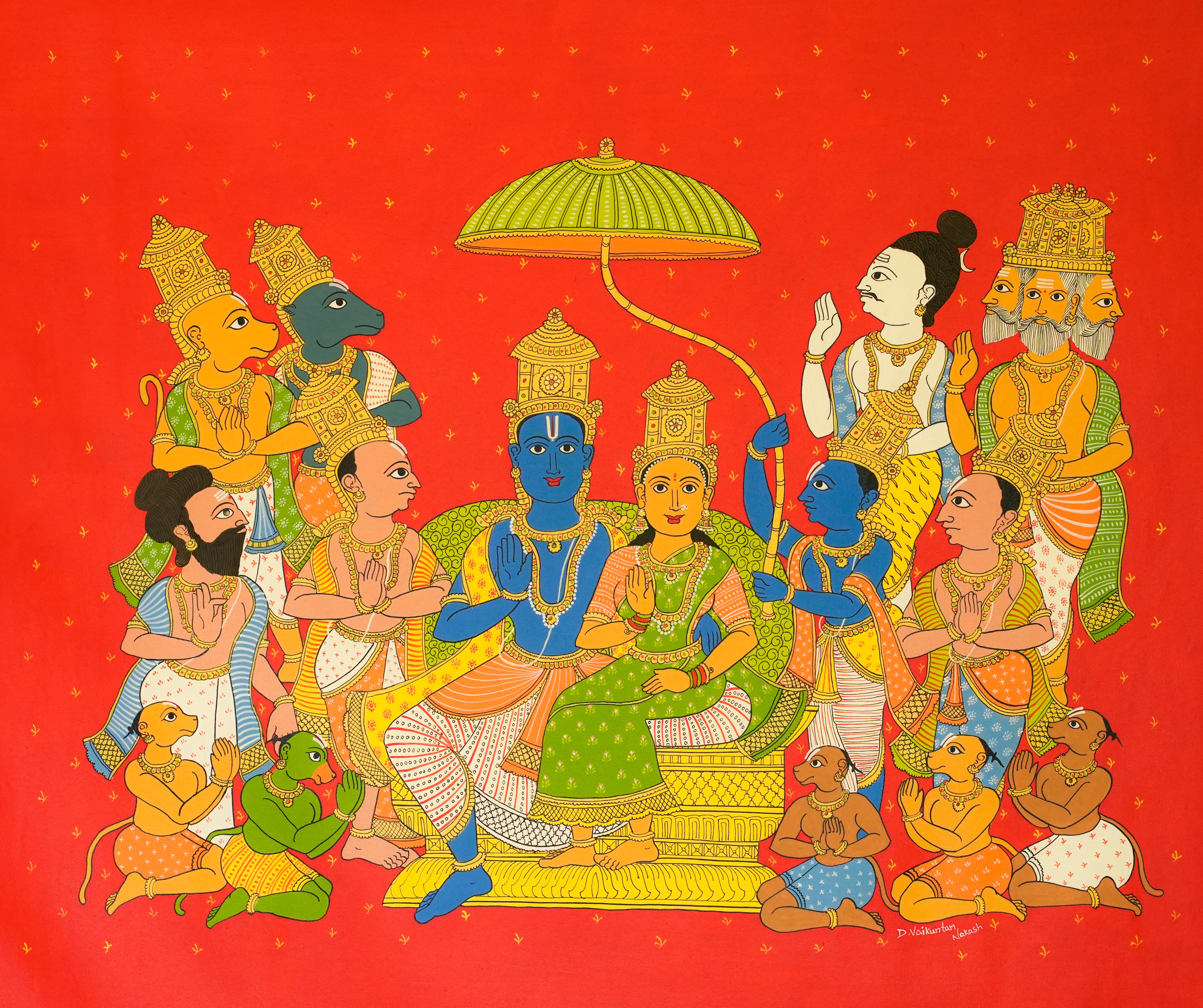 Shri Rama Pattabhishekam Handmade Cheriyal Painting For Home Wall Decor