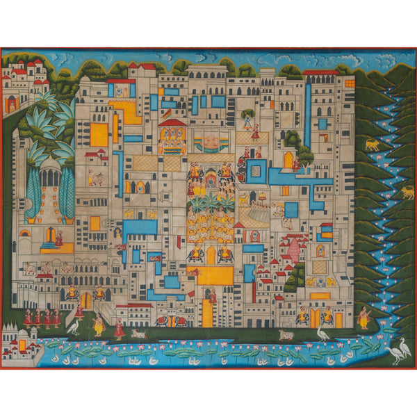 Temple Map of Shrinathji - Blue Handmade Pichwai Painting For Home Wall Decor