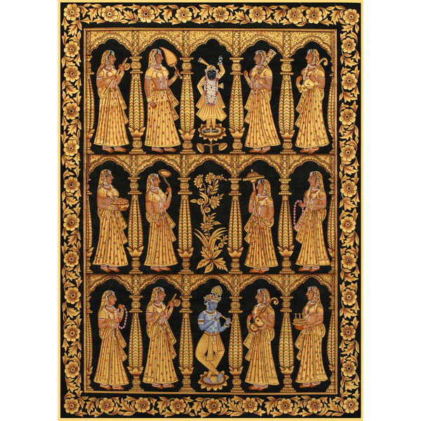 Bhav Mandal Gold Leaf on Cloth Handmade Pichwai Painting For Home Wall Decor