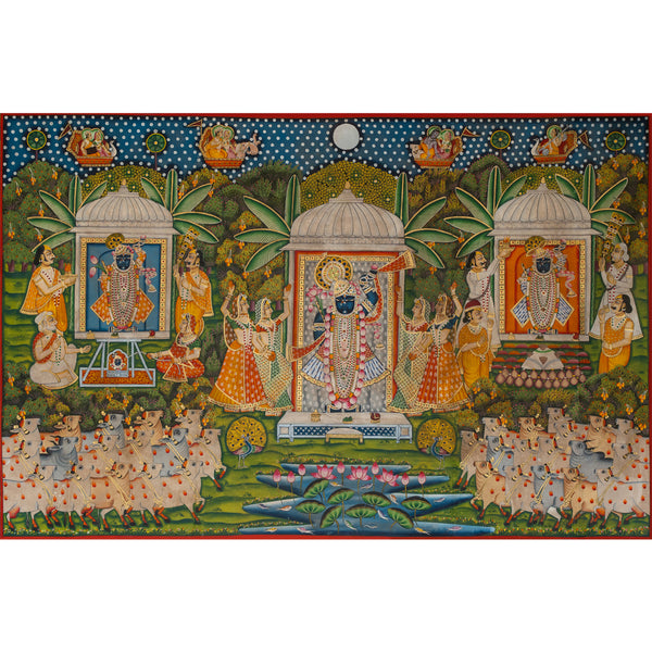 Pichwai 3 Roop Shrinathji with Cows Handmade Pichwai Painting For Home Wall Decor