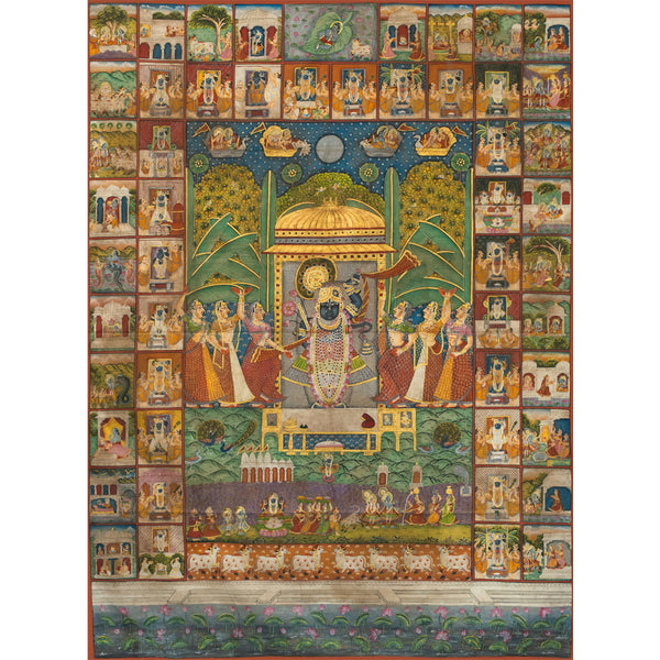 Shrinathji SharadPurnima with 24 Swaroop and Krishna Journey Handmade Pichwai Painting For Home Wall Decor