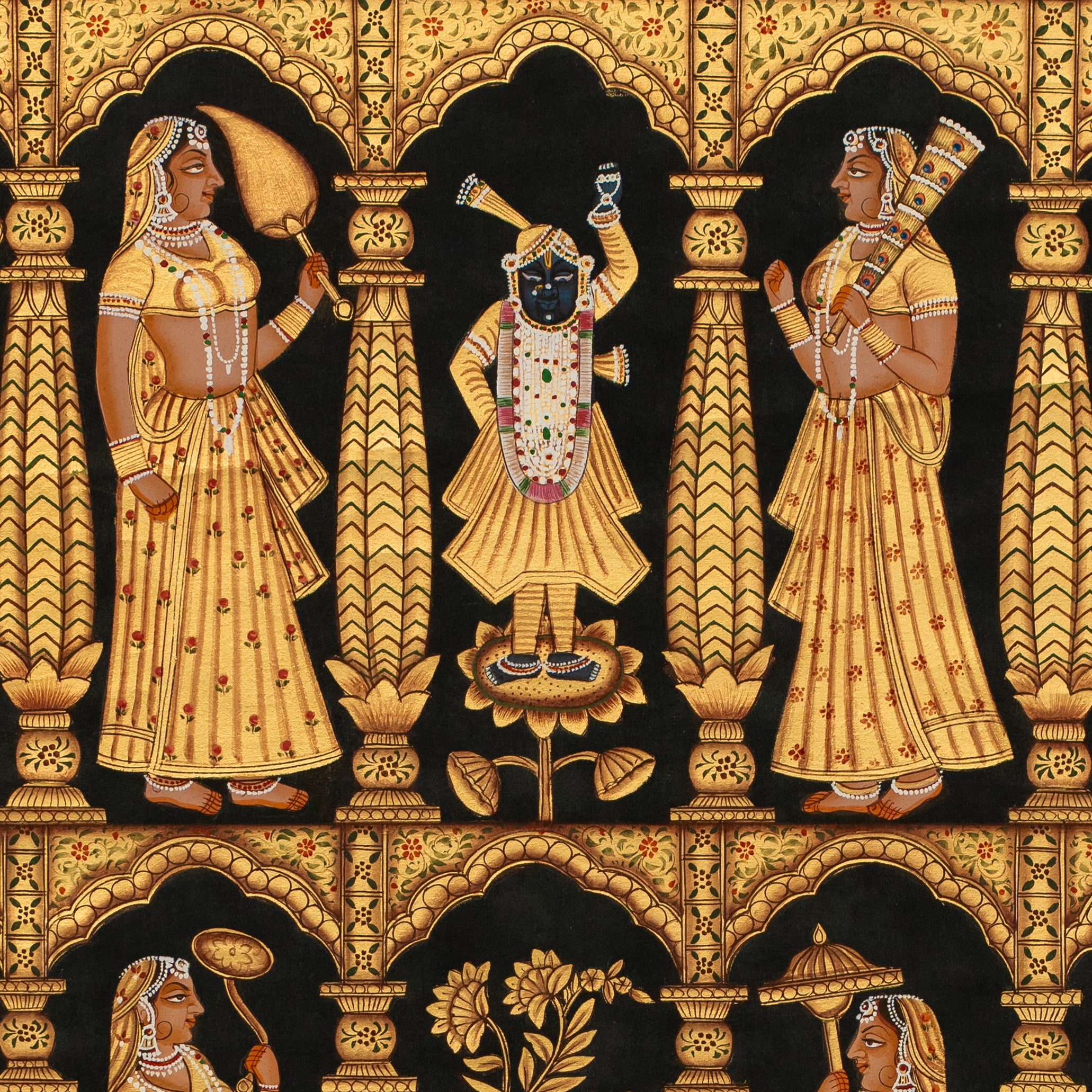 Bhav Mandal Gold Leaf on Cloth Handmade Pichwai Painting For Home Wall Decor