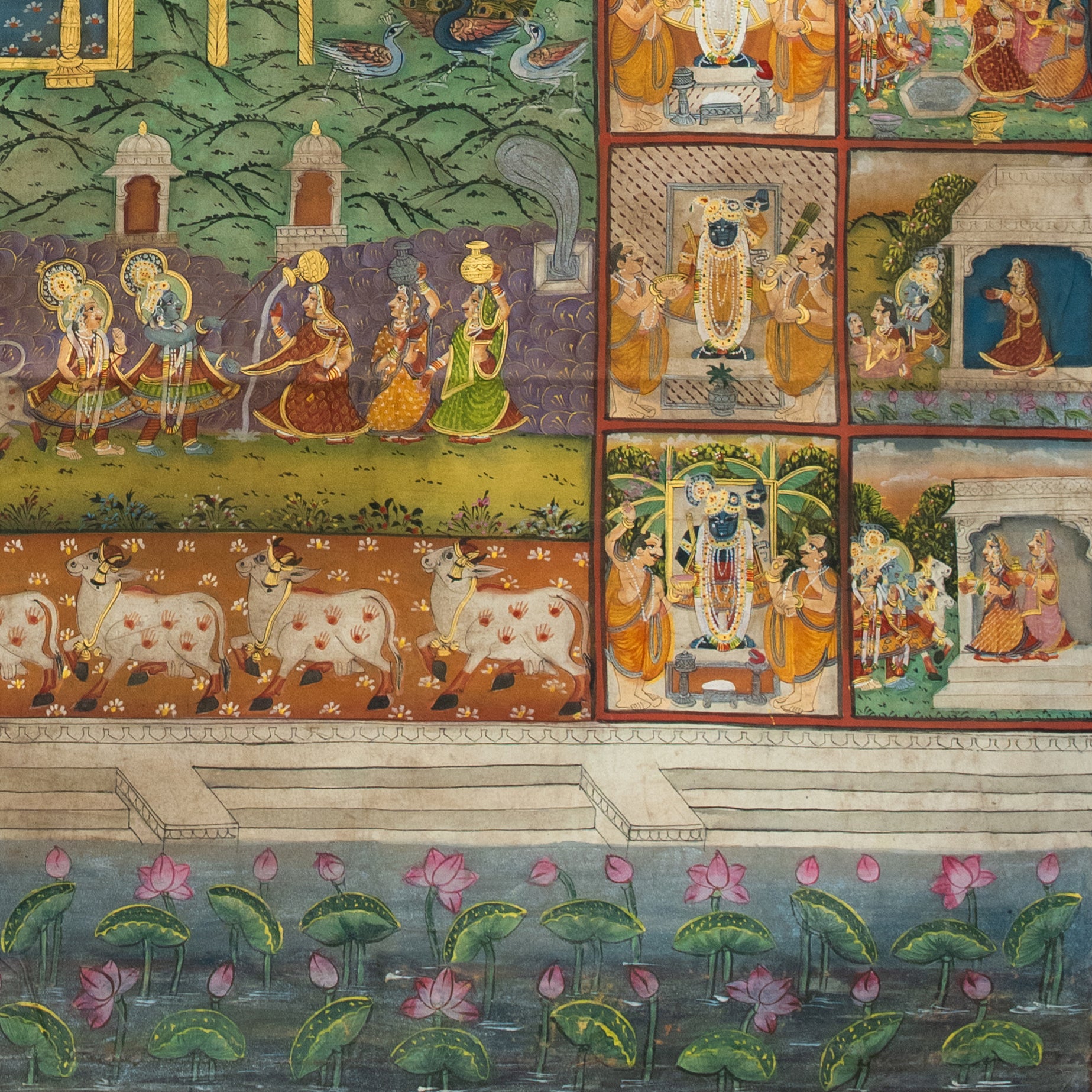 Shrinathji SharadPurnima with 24 Swaroop and Krishna Journey Handmade Pichwai Painting For Home Wall Decor